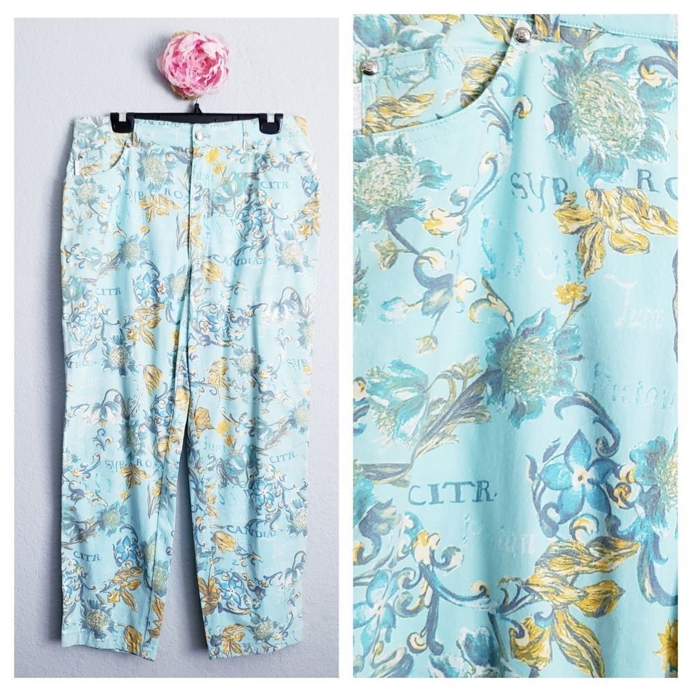 VINTAGE Escada‎ Blue Floral Scroll Ankle Pants